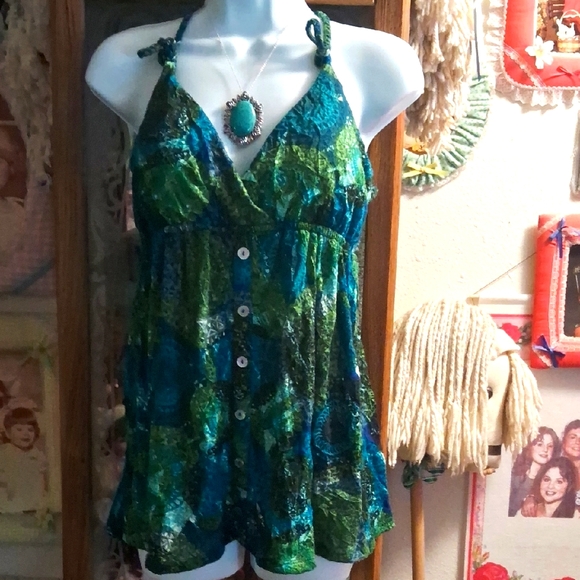 Vintage 90's,Boho,Top with Sweetheart Neckline in Vivid Blues & Greens💚💙 - Picture 1 of 7